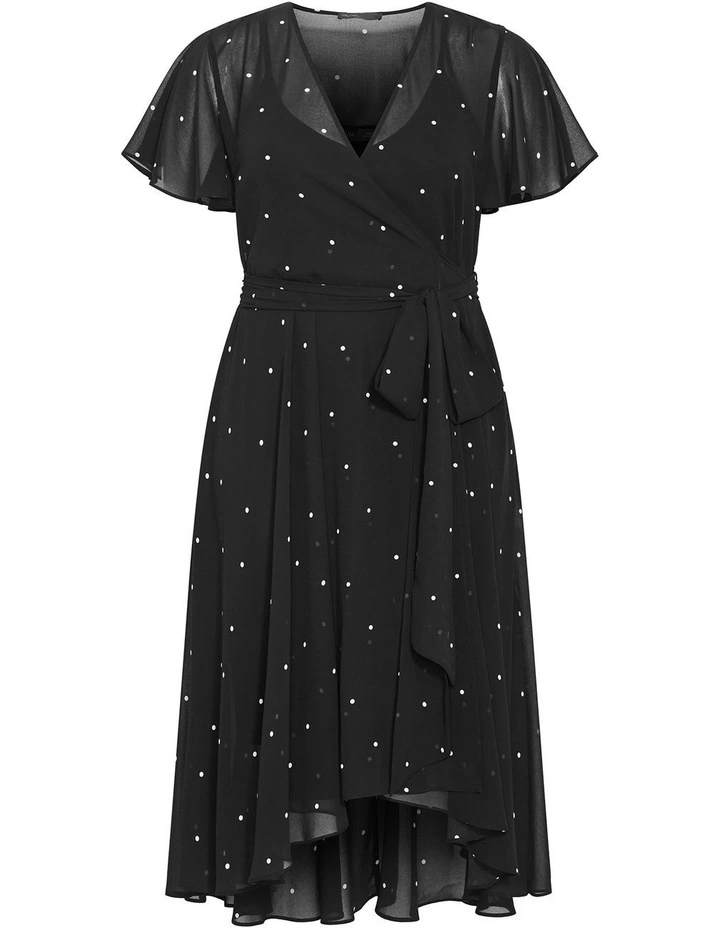 Spot Frill Sleeve Wrap Midi Dress in black image 3