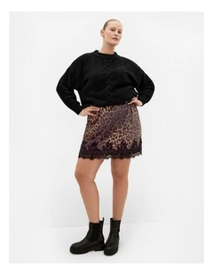 Lace Trim Leopard Print Mini Skirt in chocolate