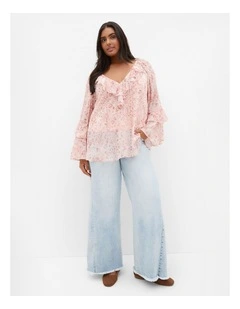 Plus Size Glam Frill Print Top in Blush Pink