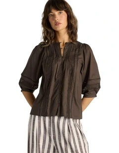 Freya Lace Trim Blouse in Chocolate