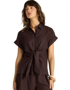 Bronte Embroidered Tie Shirt in Chocolate