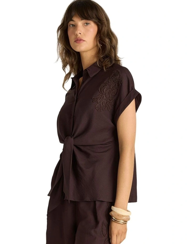 Bronte Embroidered Tie Shirt in Chocolate image 3