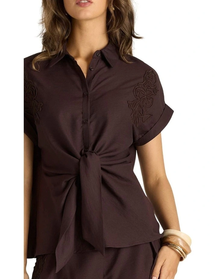 Bronte Embroidered Tie Shirt in Chocolate image 5
