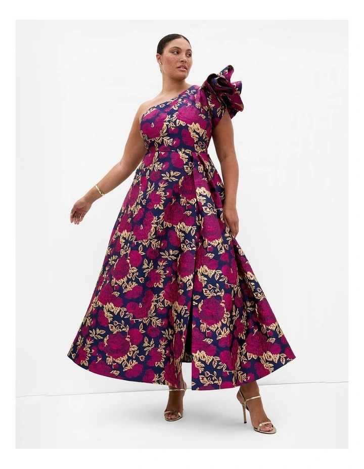 Plus Size Grand Gala One Shoulder Jacquard Gown in Navy image 1