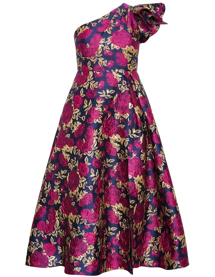 Plus Size Grand Gala One Shoulder Jacquard Gown in Navy image 3