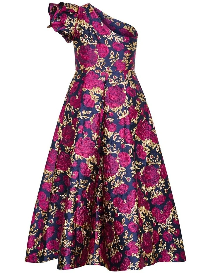 Plus Size Grand Gala One Shoulder Jacquard Gown in Navy image 4