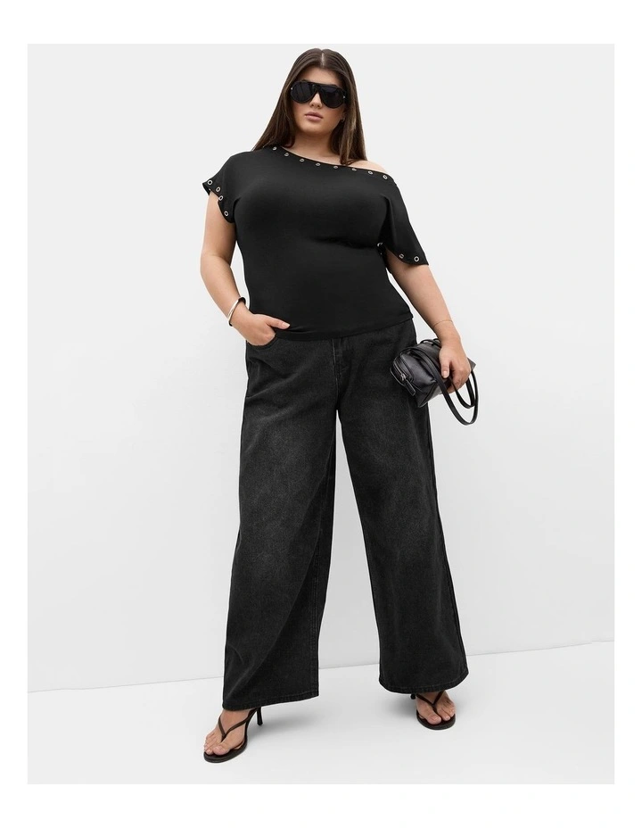 Plus Size Eyelet Off Shoulder Top in Black image 1