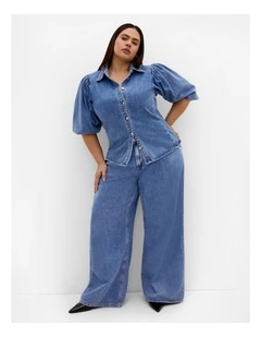 Plus Size Jessie Balloon Sleeve Denim Shirt in Mid Wash