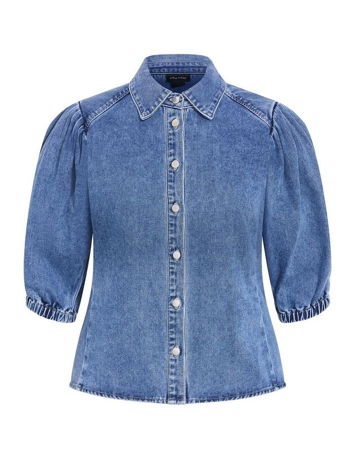 Plus Size Jessie Balloon Sleeve Denim Shirt in Mid Wash image 3