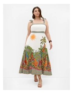 Plus Size Paradise Print Shoulder Tie Midi Dress in Ivory