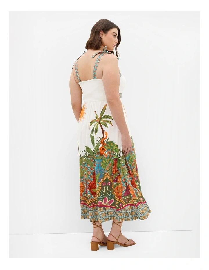 Plus Size Paradise Print Shoulder Tie Midi Dress in Ivory image 2