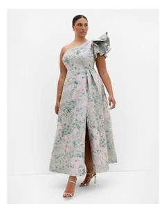 Plus Size Enchanting One Shoulder Jacquard Gown in Silver