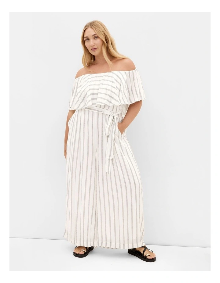 Plus Size Emery Off Shoulder Stripe Jumpsuit in Ivory image 1