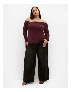 Plus Size Buckle Off Shoulder Long Sleeve Top in Bordeaux
