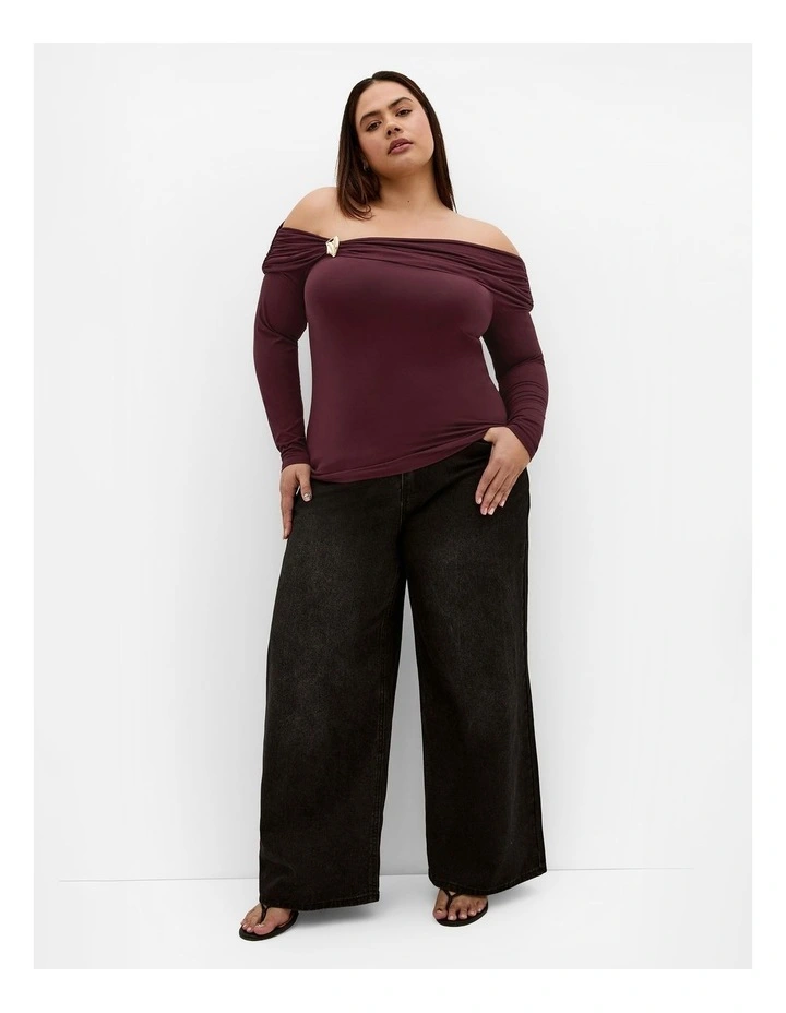 Plus Size Buckle Off Shoulder Long Sleeve Top in Bordeaux image 1