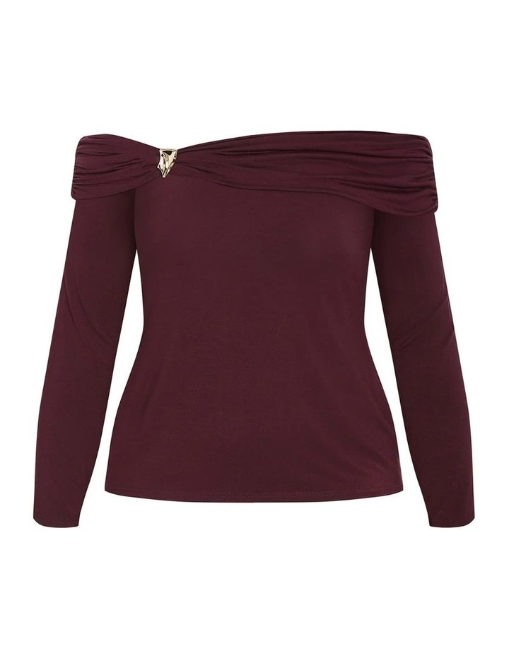 Plus Size Buckle Off Shoulder Long Sleeve Top in Bordeaux image 3