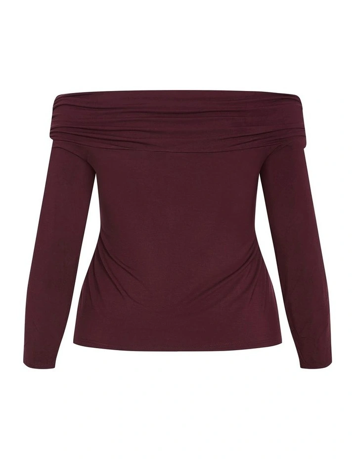 Plus Size Buckle Off Shoulder Long Sleeve Top in Bordeaux image 4
