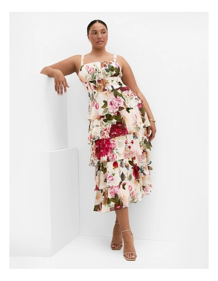 Plus Size Daniela Floral Print Ruffle Tier Dress in Cream image 1