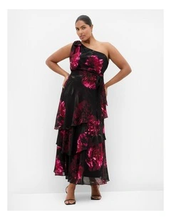 Plus Size Enchant Bloom Pr int One Shoulder Maxi Dress in Black