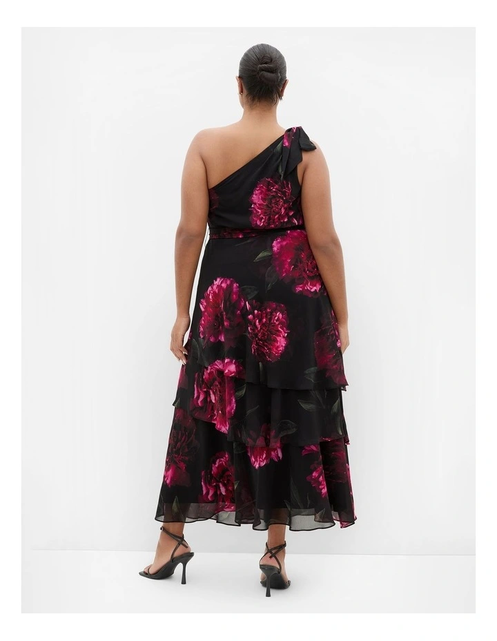 Plus Size Enchant Bloom Pr int One Shoulder Maxi Dress in Black image 2