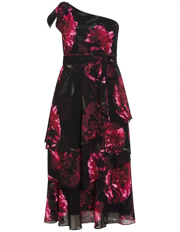 Plus Size Enchant Bloom Pr int One Shoulder Maxi Dress in Black image 3