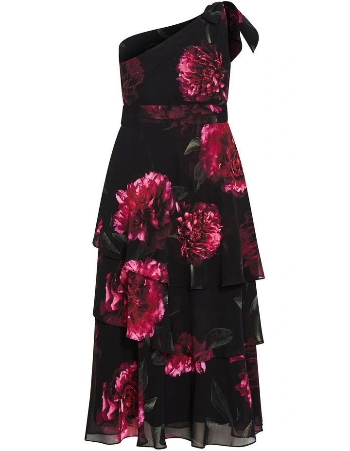 Plus Size Enchant Bloom Pr int One Shoulder Maxi Dress in Black image 4