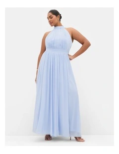 Plus Size Lucy Halter Pleat Front Maxi Dress in Sky Blue