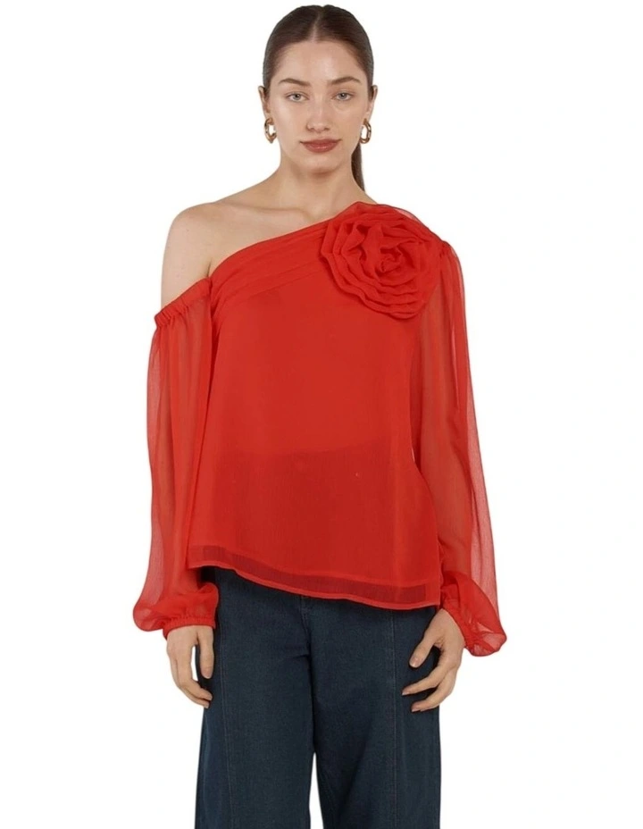 Aveline One Shoulder Flower Top in Red image 1