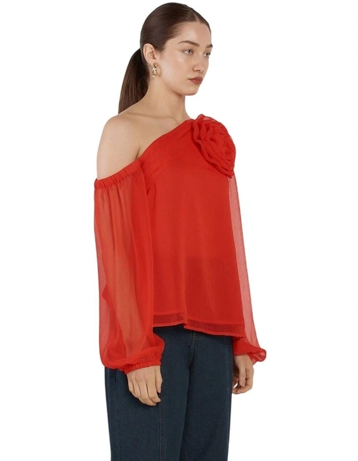 Aveline One Shoulder Flower Top in Red image 3