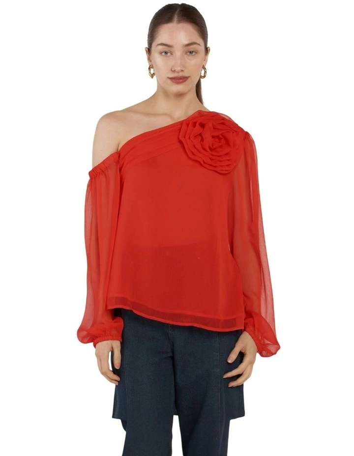Aveline One Shoulder Flower Top in Red image 4