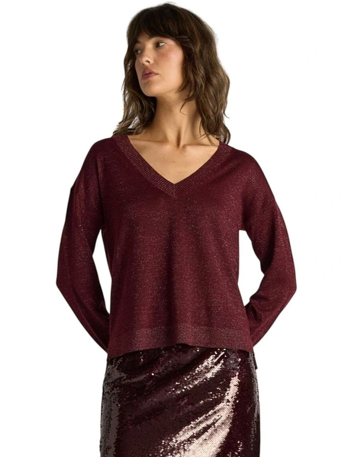 Oriane Sparkle VinNeck Knit in Burgundy image 1