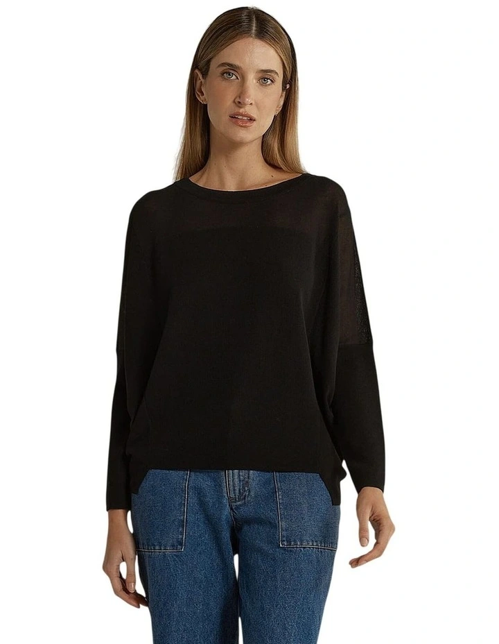 Charlie Knit Lightweight Crew Neck Jumper in Black image 1