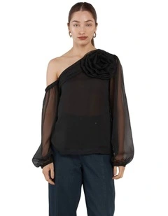 Aveline One Shoulder Flower Top in Black