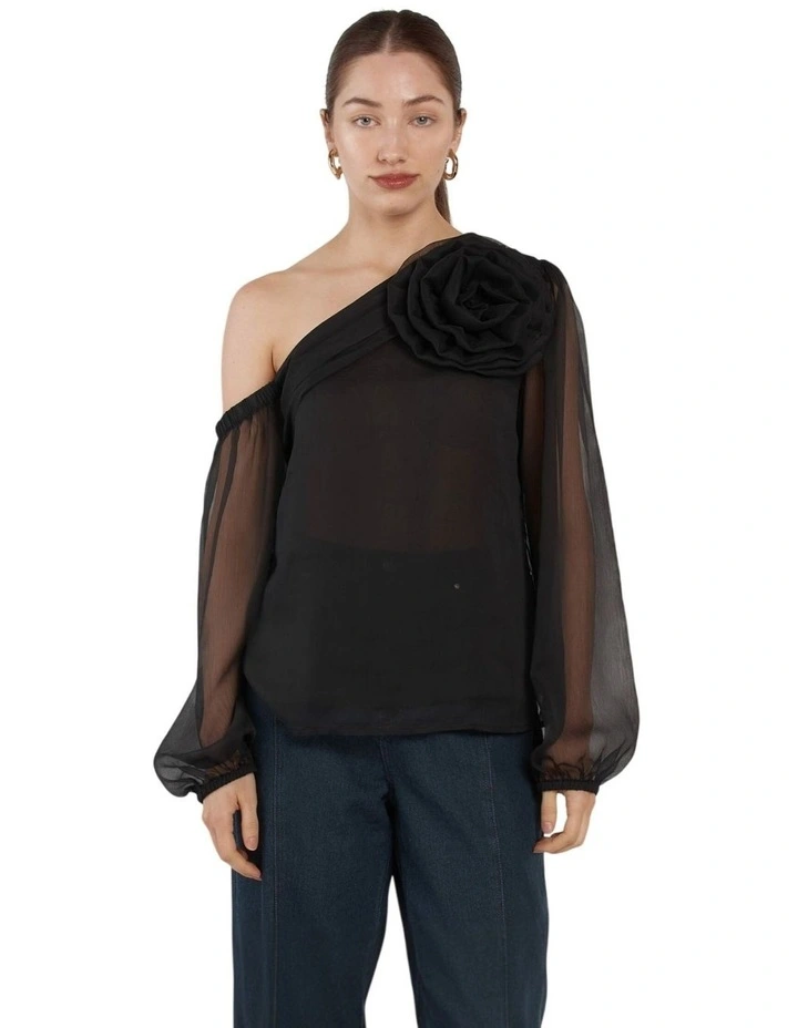 Aveline One Shoulder Flower Top in Black image 1