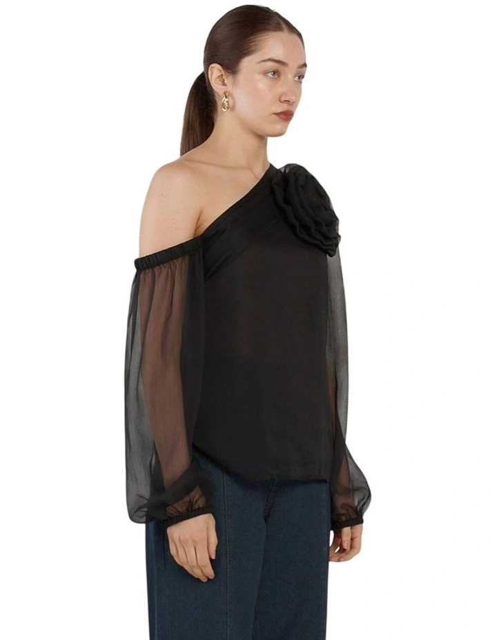 Aveline One Shoulder Flower Top in Black image 2