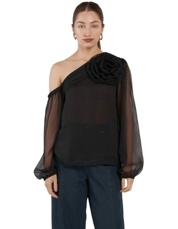 Aveline One Shoulder Flower Top in Black image 3