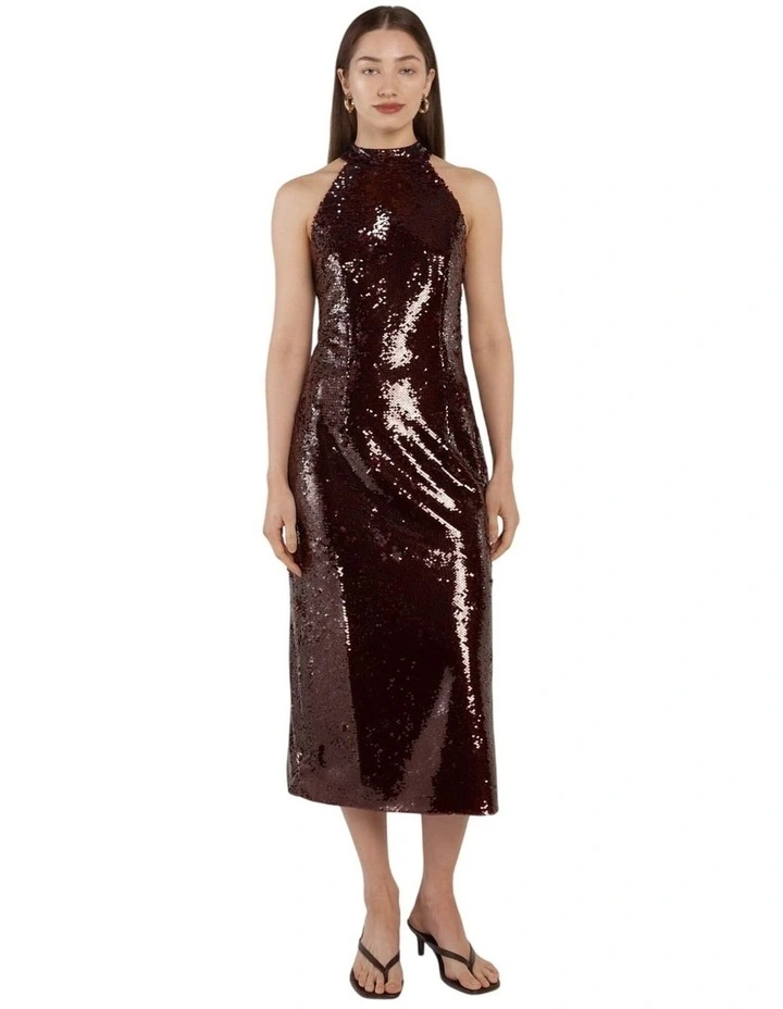 Juliette Sequin Halter Dress in Maroon image 1