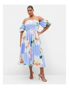 Plus Size Rosalee Floral Print Puff Sleeve Midi Dress in Sky Blue