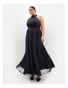 Plus Size Lucy Halter Pleat Front Maxi Dress in Navy