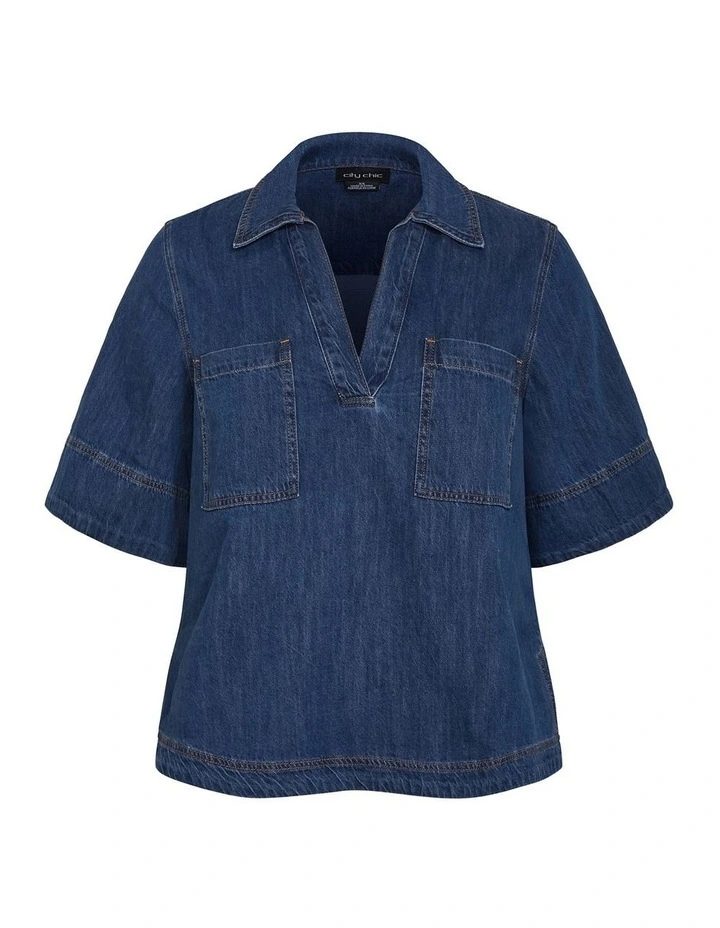 Plus Size Tiana Pocket Cotton Denim Top in Light Wash image 3
