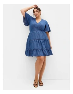 Plus Size May Tiered Denim Mini Dress in Mid Wash