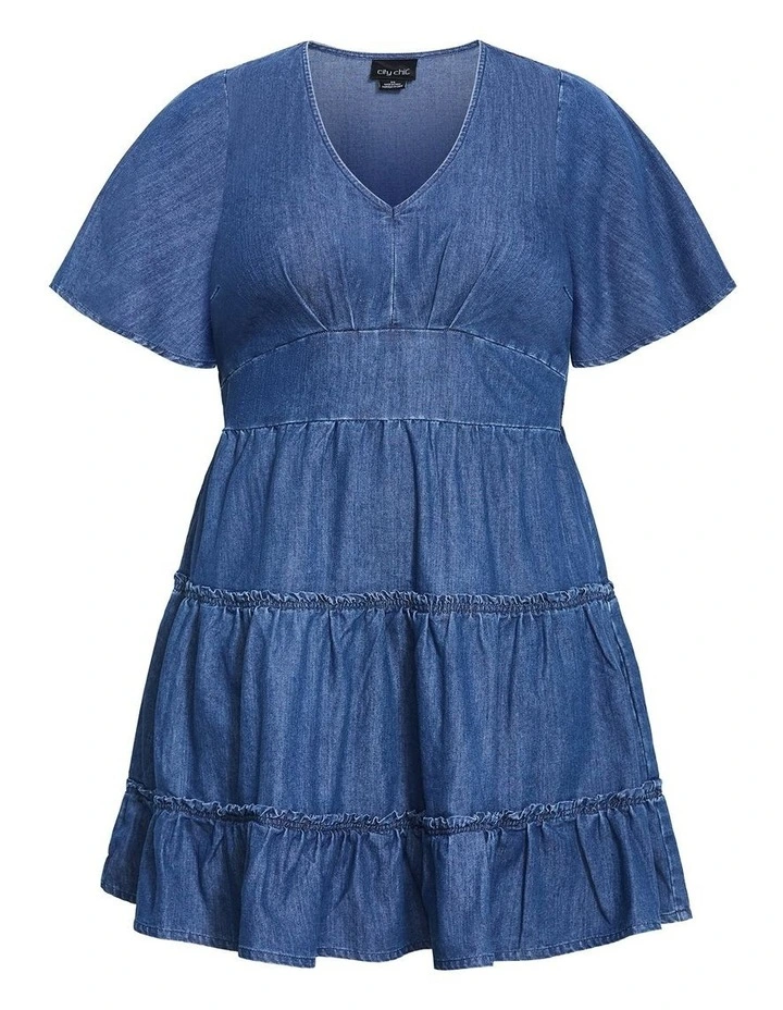 Plus Size May Tiered Denim Mini Dress in Mid Wash image 3