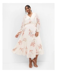 Plus Size Kiki Long Sleeve Print Maxi Dress in Ivory
