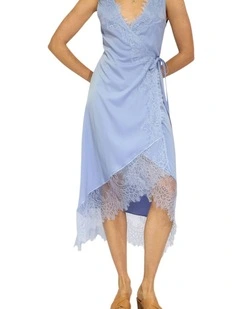 Soft Temptation Lace Trim Wrap Dress in Blue