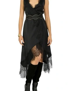 Soft Temptation Lace Trim Wrap Dress in Black
