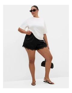 Plus Size Lace Trim Satin Short in Black