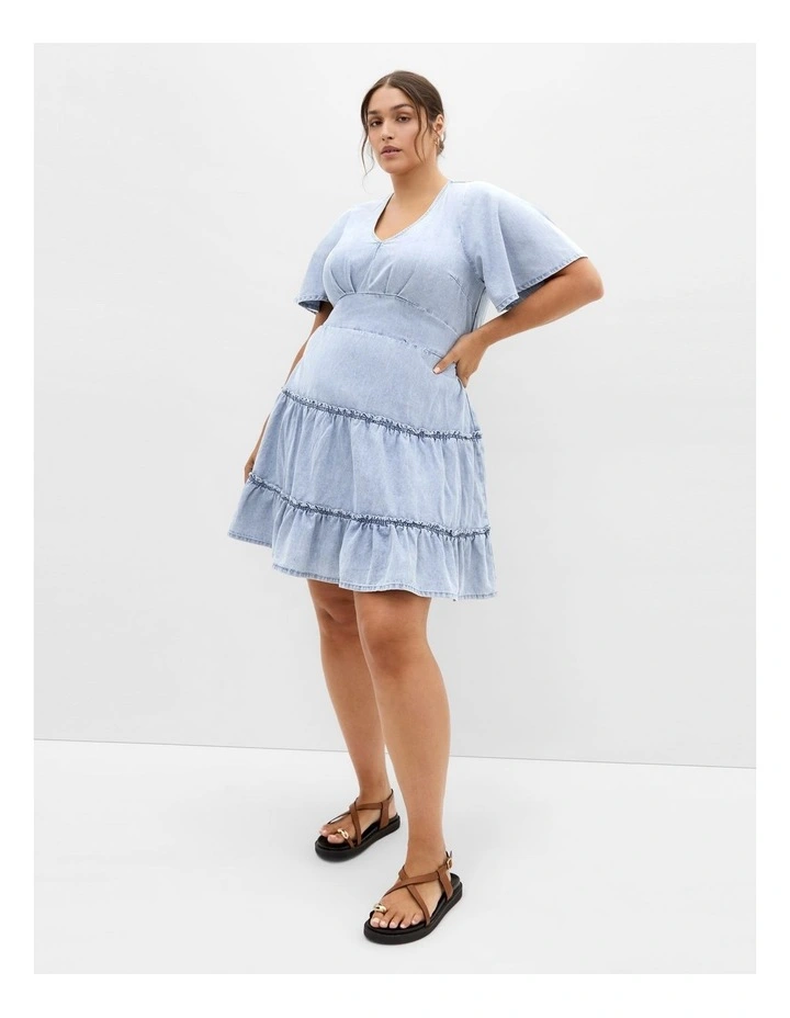 Plus Size May Tiered Denim Mini Dress in Light Wash image 1