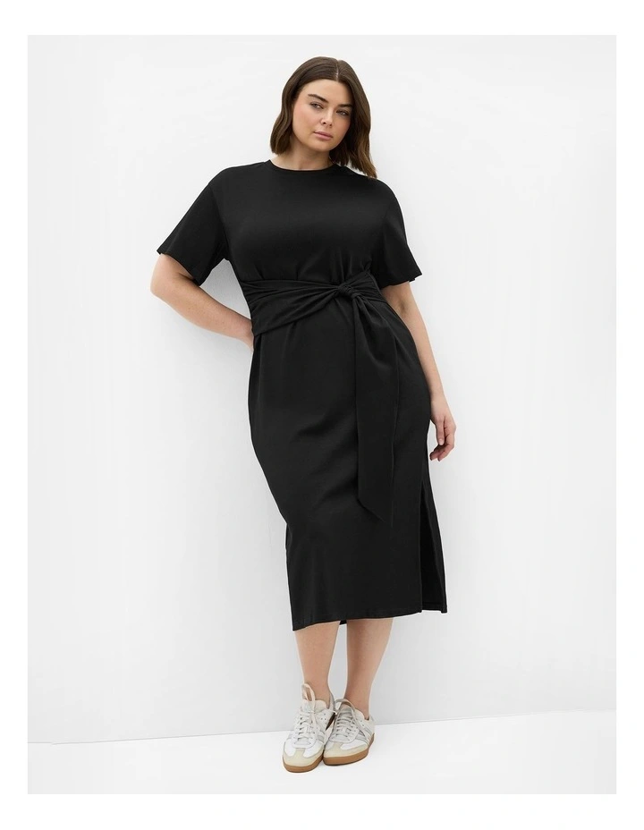 Plus Size Gina Waist Detail Midi Dress in Black image 1