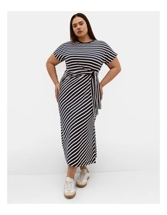 Plus Size Claire Stripe Side Tie Midi Dress in Navy