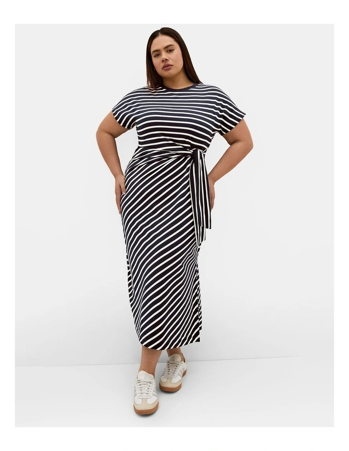 Plus Size Claire Stripe Side Tie Midi Dress in Navy image 1